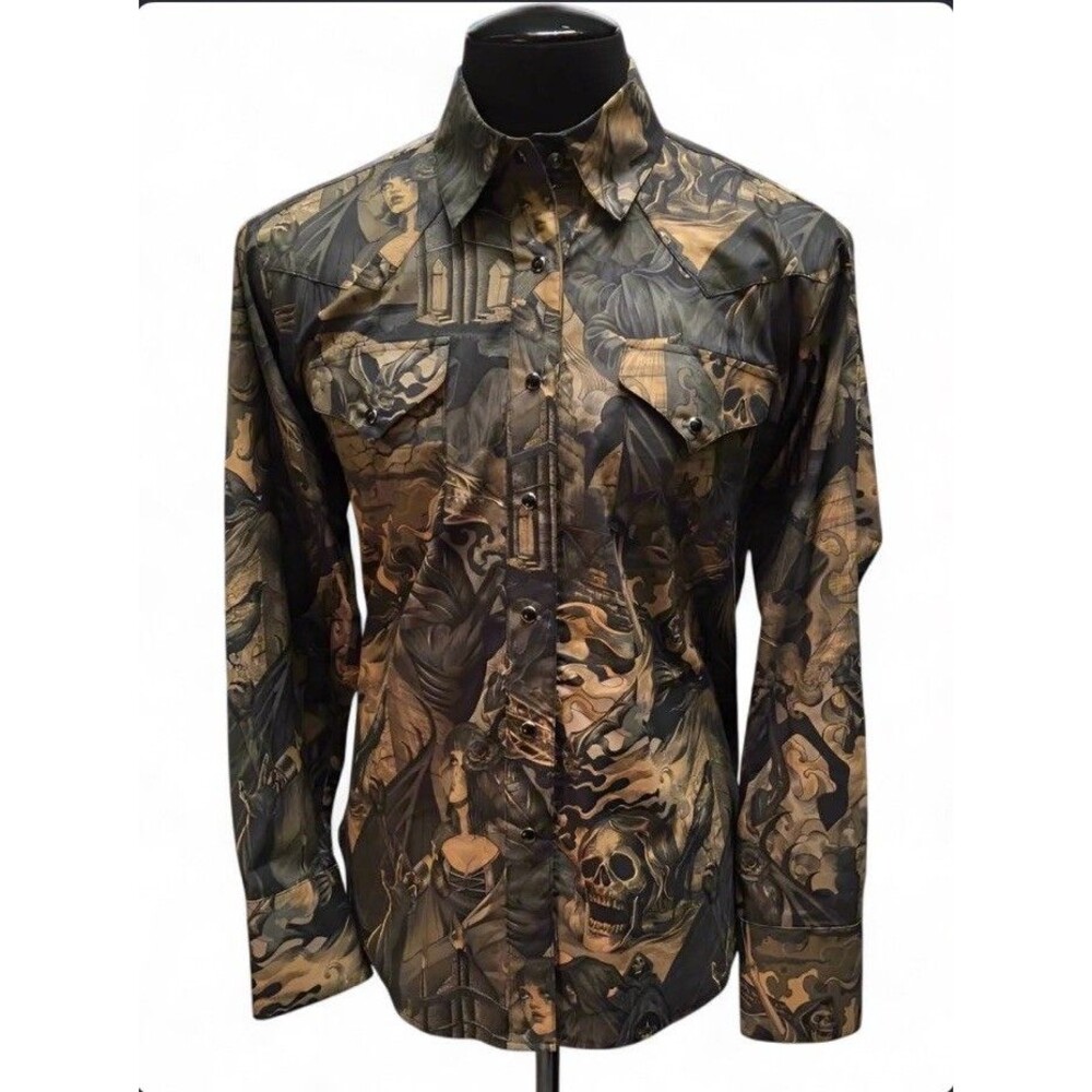 Shrine Hollywood Western Button Down Men’s M Gothic Cowboy Halloween Bats AOP